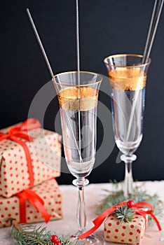 Two glass champagne glasses.Two beautiful glass champagne glasses on New Year`s Eve