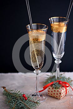 Two glass champagne glasses.Two beautiful glass champagne glasses on New Year`s Eve