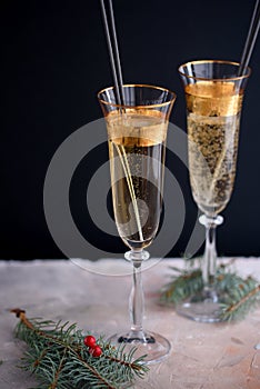 Two glass champagne glasses.Two beautiful glass champagne glasses on New Year`s Eve