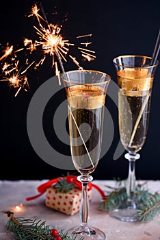 Two glass champagne glasses.Two beautiful glass champagne glasses on New Year`s Eve