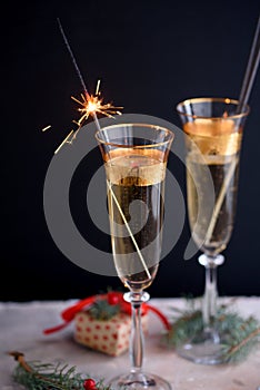 Two glass champagne glasses.Two beautiful glass champagne glasses on New Year`s Eve