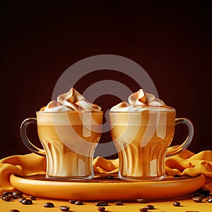 Two glass cups of coffee with whipped cream on a dark background