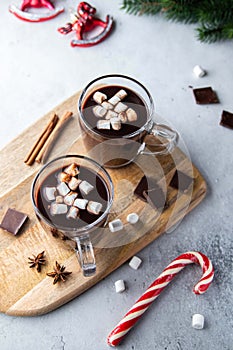Two glass cups of hot chocolate with marshmallows and cinnamon sticks on wooden board. Winter, Christmas and New Year drink.