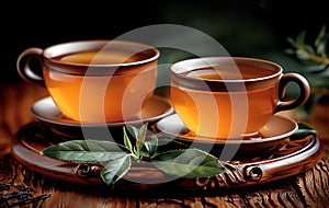 Two glass cups of tea on wooden tray with tea leaves