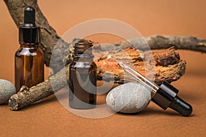 Two glass dropper bottles, an old tree and a stone on a brown background. Cosmetics and medicinal products based on natural