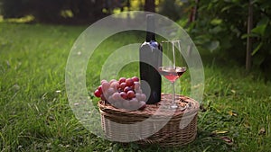 Two glass of empty wine with bottle with red wine on a wicker picnic basket outdoors. Summer romantic lunch