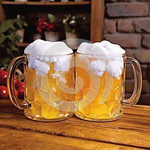 Two glass faceted beer mugs filled with beer on a wooden table with abundant white foam