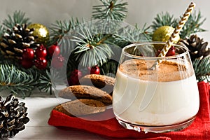 Two glass homemade winter eggnog with cinnamon