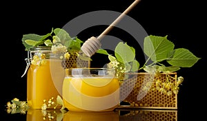 Two glass jars filled with honey, honeycomb and special spoon isolated on black