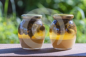 Two glass jars of fresh honey with pine cones on a wooden table, closeup