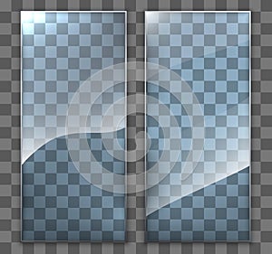 Two glass plate on transparent background, clear glass showcase, realistic window mockup, acrylic and glass texture with glares