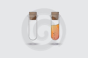 Two glass test tubes cartoon style isorated background. One tube empty other is filled with orange liquid. Vector