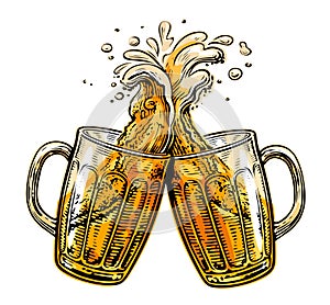 Two glass toast mugs, glasses. Glass mugs full of beer and splashes of foam clink. Cheers, vector illustration