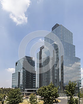Two glass towers for office and living in modern Santa Fe district in Mexico City photo