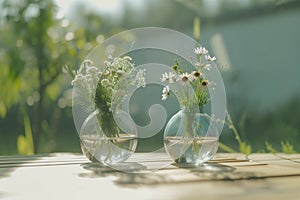 Two glass vases with cute bouquets of wild flowers, wooden table