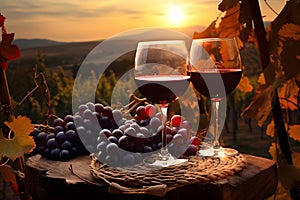 Two glasse of red wine and grapes on wooden table in vineyear with sunset in background