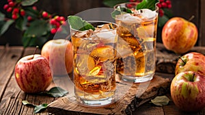 Two Glasses of Apple Cider on Wooden Table
