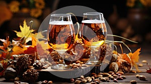 Two glasses of beer with autumn leaves and nuts, AI