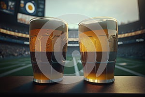 Two glasses of beer on the background of the football stadium. AI generative