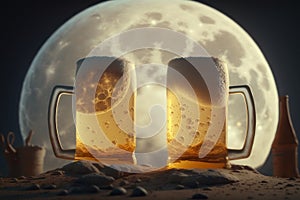 Two glasses of beer on the background of the moon. AI generative