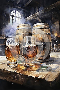 Two glasses of beer and barrel on a wooden table in the cellar