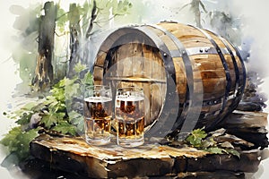 Two glasses of beer and a barrel on a wooden table in the forest