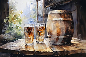 Two glasses of beer and a barrel on a wooden table. Watercolor drawing
