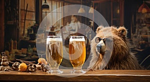 Two glasses of beer and a bear in a pub. Bear in glasses drinks beer in the pub