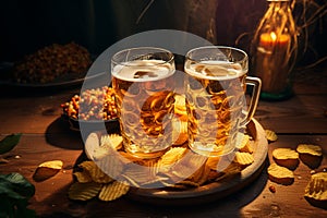 Two glasses of beer and chips on a wooden background. Close-up. Food concept. Celebration, holiday. Patrick Day.