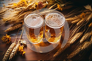 Two glasses of beer and chips on a wooden background. Close-up. Food concept. Celebration, party and holiday. Patrick Day.