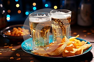 Two glasses of beer and chips on a wooden background. Close-up. Food concept. Celebration, party and holiday. Patrick Day.