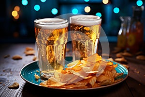 Two glasses of beer and chips on a wooden background. Close-up. Food concept. Celebration, party and holiday. Patrick Day.