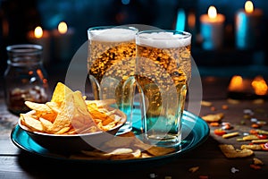 Two glasses of beer and chips on a wooden background. Close-up. Food concept. Celebration, party and holiday. Patrick Day.