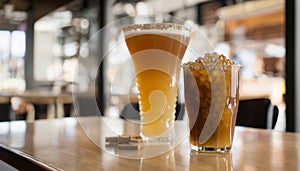 Two glasses of beer and a cookie on a table