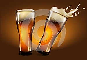 Two glasses of beer with foam and a splash effect. Highly realistic illustration with the effect of transparency. photo
