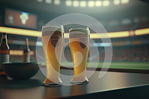 Two glasses of beer at the football stadium. AI generative