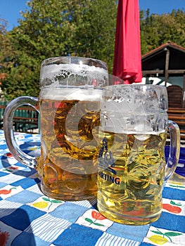 Two glasses of beer on a table in a beer garden.  Munich.  Summer.