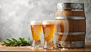 Two Glasses Of Beer Beside Wooden Barrel On Rustic Table
