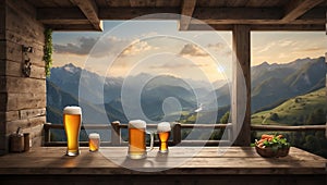 Two glasses of beer on a wooden terrace with view on mountains