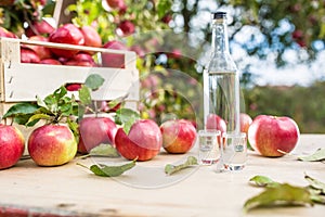 Apple brandy distillate with apples on garden table. photo