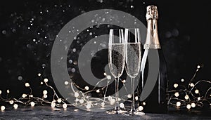 Two glasses and a bottle with champagne, sparkling wine, Valentine\'s Day meeting, love, celebration, on a dark background.