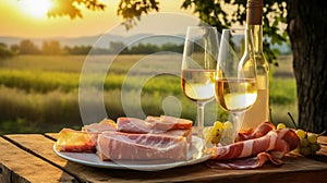 Two glasses and bottle of white wine with Italian prosciutto on wooden table on landscape background of vineyard. Served outside