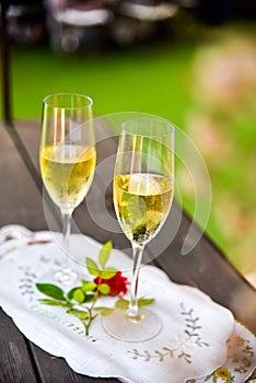 Two glasses of bubbly champagne with unfocused background of a celebration