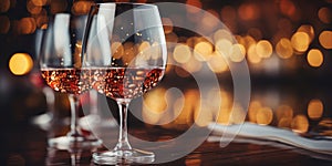 Two glasses of champagne against a background of festive golden bokeh. Celebrating New Year, Christmas, anniversary, vacation,