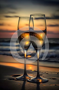 Two glasses of champagne on the beach at the sunset with sea on the background. Romantic evening on the beach with sparkling wine