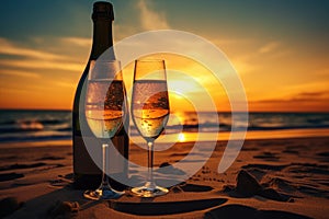 Two glasses of champagne on the beach at sunset or sunrise. Romantic evening, Champagne bottle and two glasses on sand, at sunset