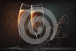 Two Glasses Champagne Black Background. Generative AI