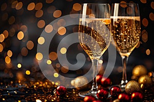 Two glasses of champagne on a blurred background with glowing lights