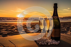 Two glasses of champagne and a bottle on the beach at sunse, Champagne bottle and two glasses on sand, in sunset, AI Generated