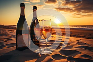 Two glasses of champagne and bottle on the beach at sunset or sunrise, Champagne bottle and two glasses on sand, at sunset, AI